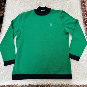 Yves Saint Laurent YSL Crystals Logo Green Wool Knit Sweater w/ Black Trim M